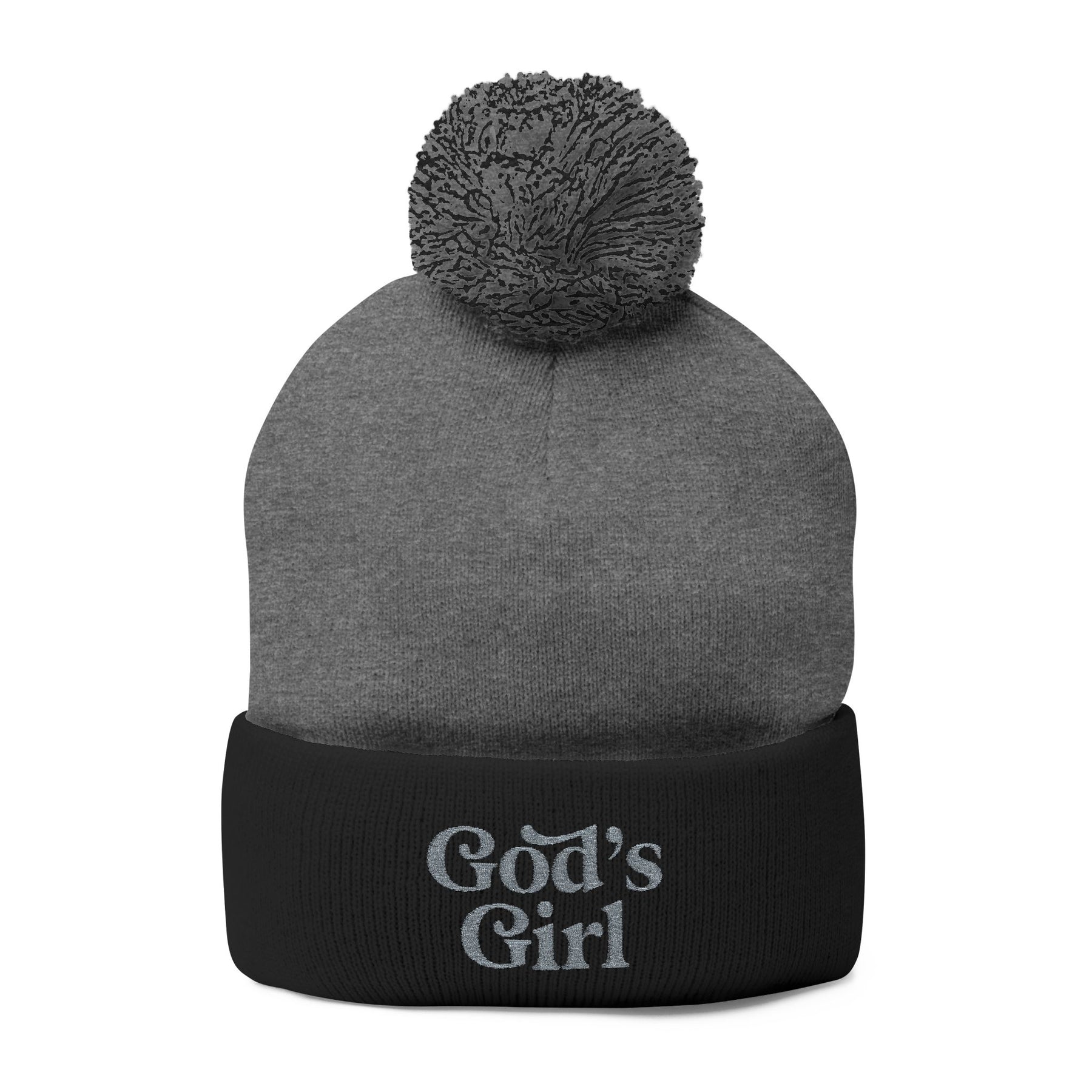 God's Girl Pom-Pom Beanie | Embroidered Knit Cap, Gray or Black