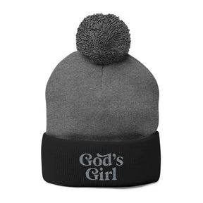 God's Girl Pom-Pom Beanie | Embroidered Knit Cap, Gray or Black