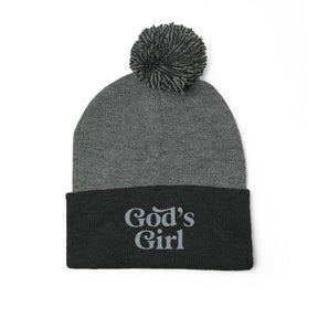 God's Girl Pom-Pom Beanie | Embroidered Knit Cap, Gray or Black