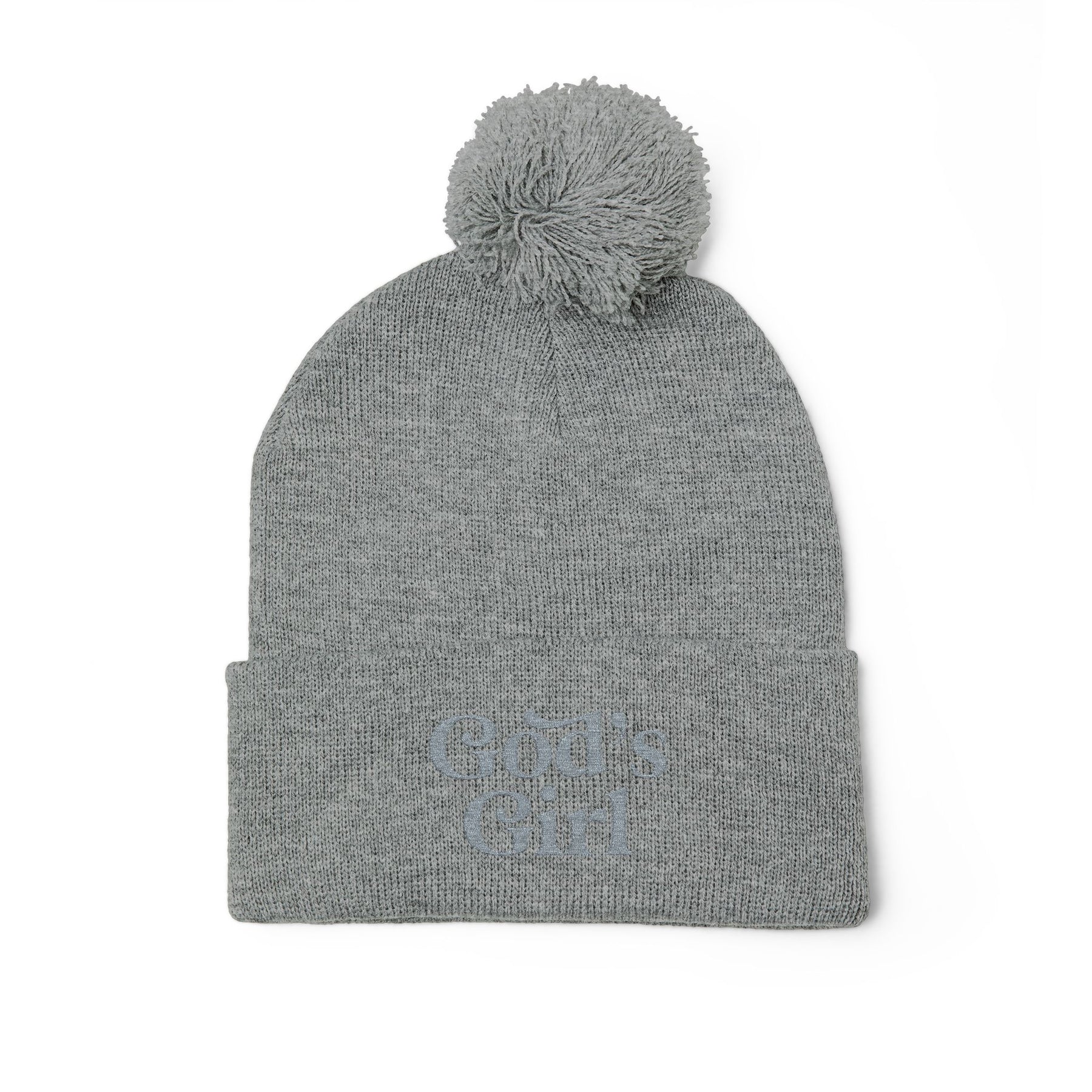 God's Girl Pom-Pom Beanie | Embroidered Knit Cap, Gray or Black