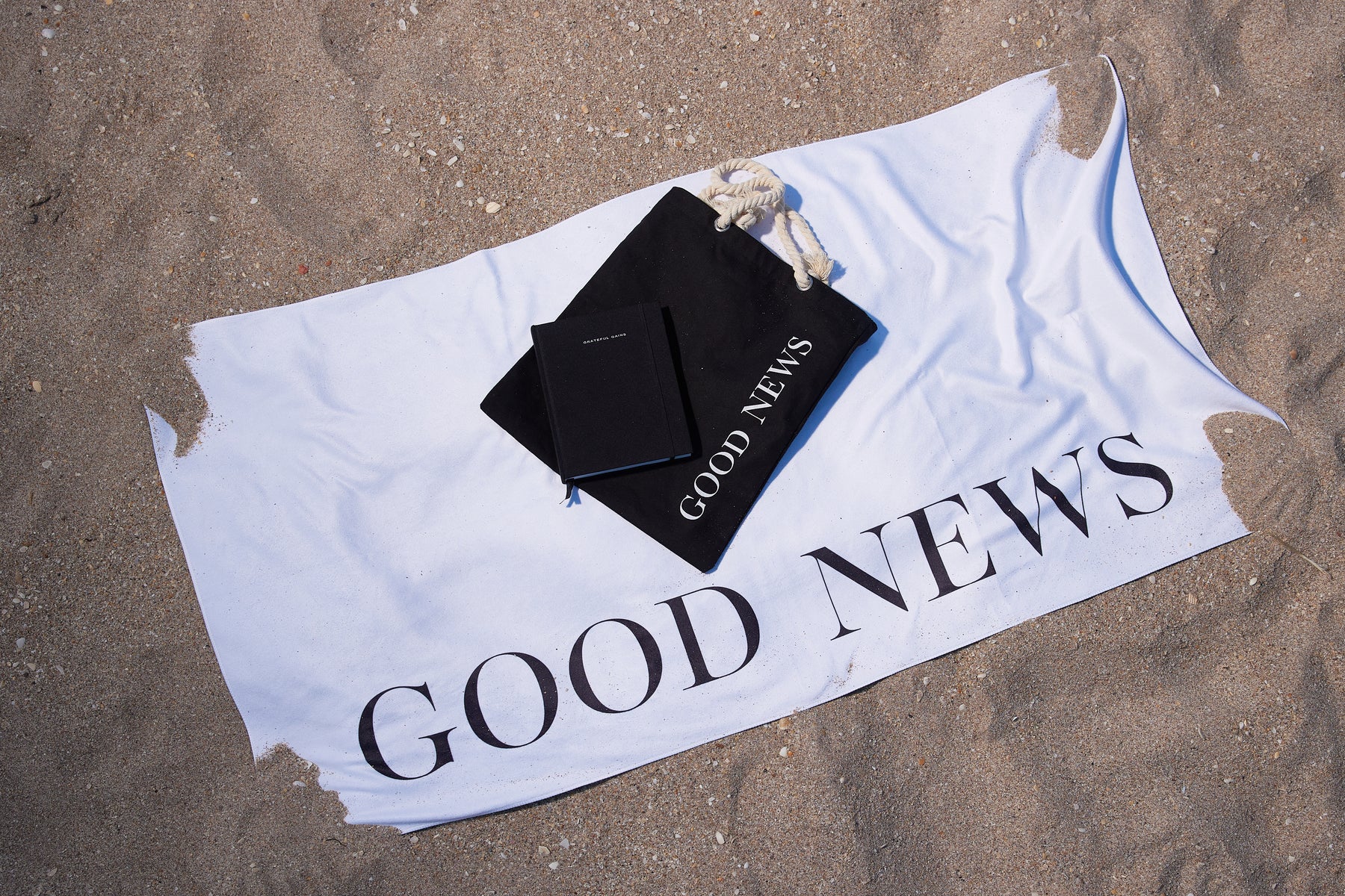 Black Linen Planner with Matching Beach Tote - Christian Gift Bundle - Good News Text